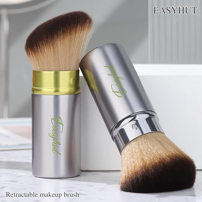 Easyhut Retractable Kabuki Makeup Brushes 2 Pcs Blush Brushes Set Portable Powder Brushes with Flat and Angled Top for Liquid Cream Cosmetics Travel, large/1.18inch(Silver Green)