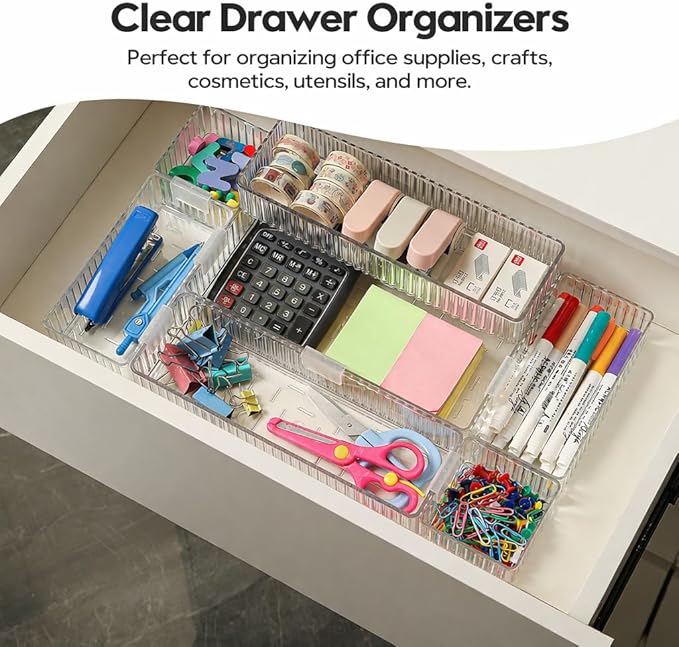 7 PCS Clear Drawer Organizer Bins, 4 Sizes with 7 Connector Clips, Stackable Makeup Vanity Organizer Trays for Bathroom Drawers, Cosmetics, Office Supplies, Kitchen Utensils & Gadgets