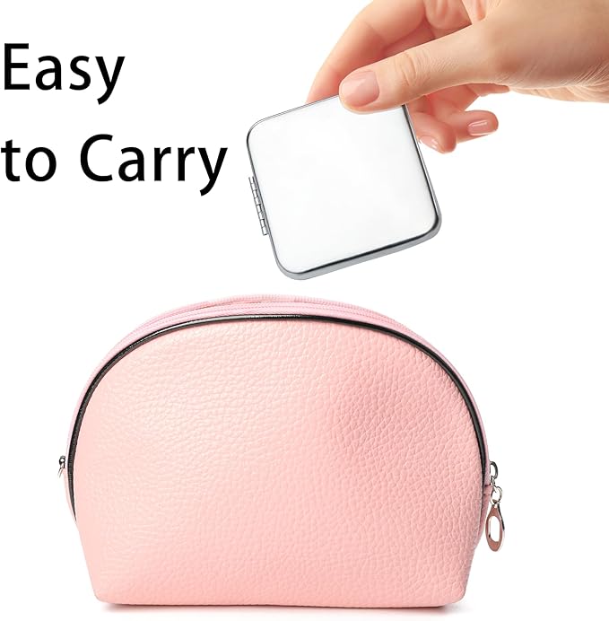 Compact Mirror for Purse, Metal Square Shell, Double-Sided 1X/2X Magnifying, Portable Travel Makeup Mirror, Mini Pocket Mirror, Sliver, 2 Packs