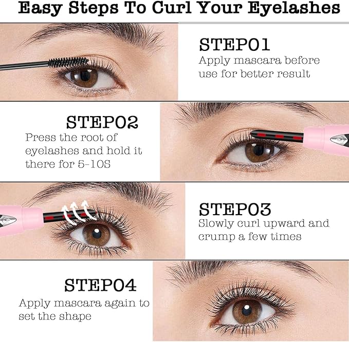 Heated Eyelash Curlers, Heated Lash Curler Rechargeable Eyelash Curler Natural 24 Hours Long-Lasting, Electric Eye Lash Curler Heat with 3 Temp Settings Makeup Tool for Girls Women- Pink