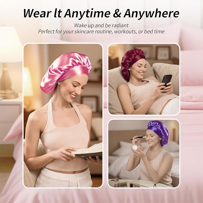 5 Pack Satin Bonnet for Women, 30cm Adjustable No-Slip Sleep Cap for Curly Hair, Breathable Head Wrap for Sleeping & Skincare