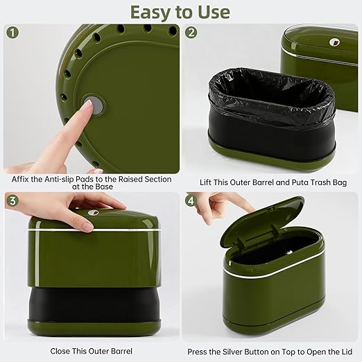 Mini Trash Can for Desk with 5 Rolls of Trash Bags, Small Press-Top Countertop Garbage Bin, Removable Waste Basket for Bedroom, Vanity, Coffee Table, Kitchen (Green Full-Lid)