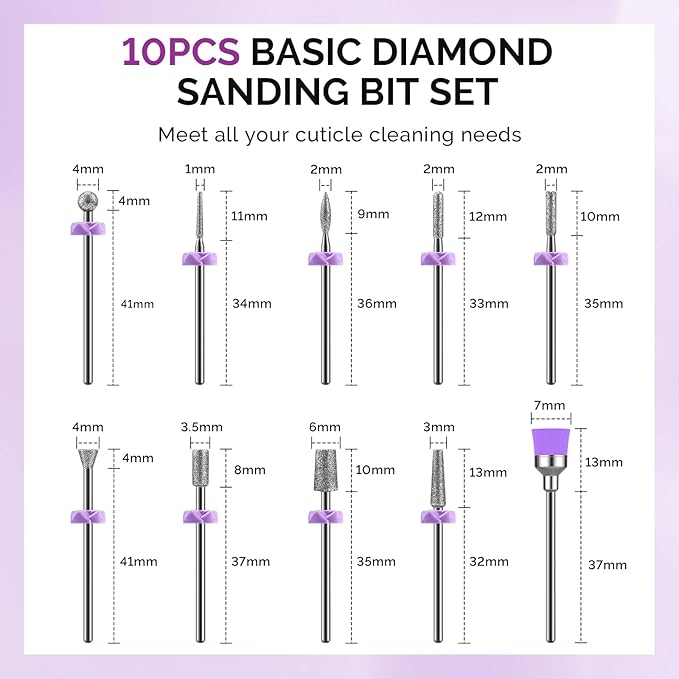 MelodySusie Nail Drill Bits, 10Pcs Diamond Sanding Bit Set with 40pcs Sanding Bands (#120#180#240 Grits) with 6.65mm Mandrel Bit, Nail Gel Polish Remover Tool for Acrylic Nails Manicure Nail Prep