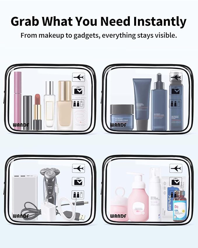 WANDF TSA Approved Toiletry Bag, 2 Packs Travel Clear Toiletry Bag, Quart Size Makeup Cosmetic Pouch with Zipper, Carry-On Airport Compliant Bag for Women and Men(2 pcs, Black+White)