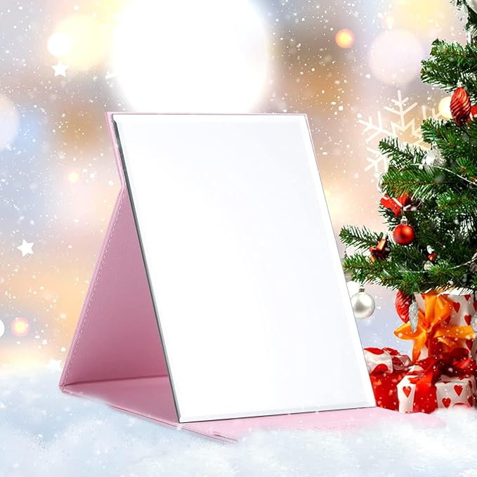 DUcare Folding Mirror Portable Travel PU Portable Adjustable Rectangular Ultrathin Vanity Mirror with Stand Pink