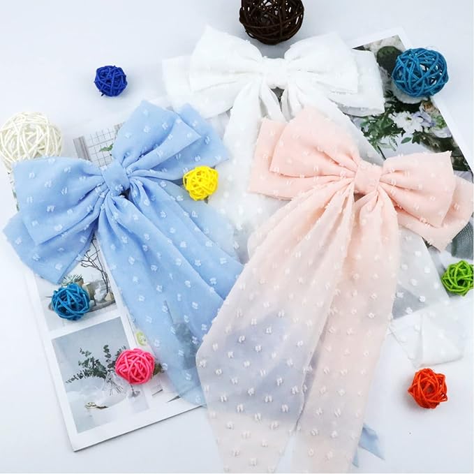 3 Pieces Large Hair Bows with Long Tail for Women and Girls - Big Plain Color Bowknot Barrettes in Bright Colors
