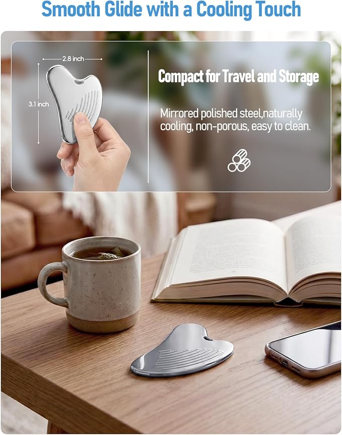 Non-Slip Grip Stainless Steel Gua Sha Tool for Face, 2026 Updated Ribbed Facial Guasha Massage Tool, Cooling Metal Face Massager Scraper for Jawline Sculpting Cheeks&Chin Gift for Women Mother, Silver