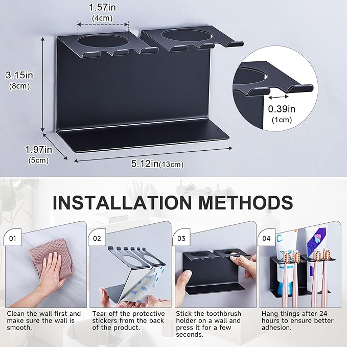 Toothbrush Head Holders, Electric Tooth Brush Head Holder, Wall Mounted Toothpaste Holder for Bathrooms Shower, Adhesive Tooth Brushing Holder Razor Holder Organizer Storage (Black)