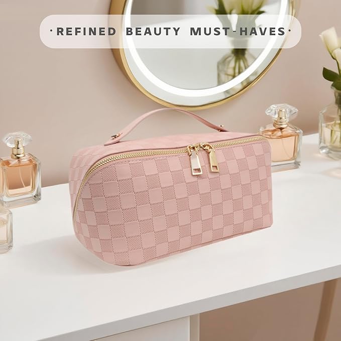 JINYIBAGS Travel Makeup Bag – Large Cosmetic Organizer with Waterproof PU Leather, Smooth Double Zipper & Tear-Resistant Lining, Toiletry Pouch for Women (Pink)