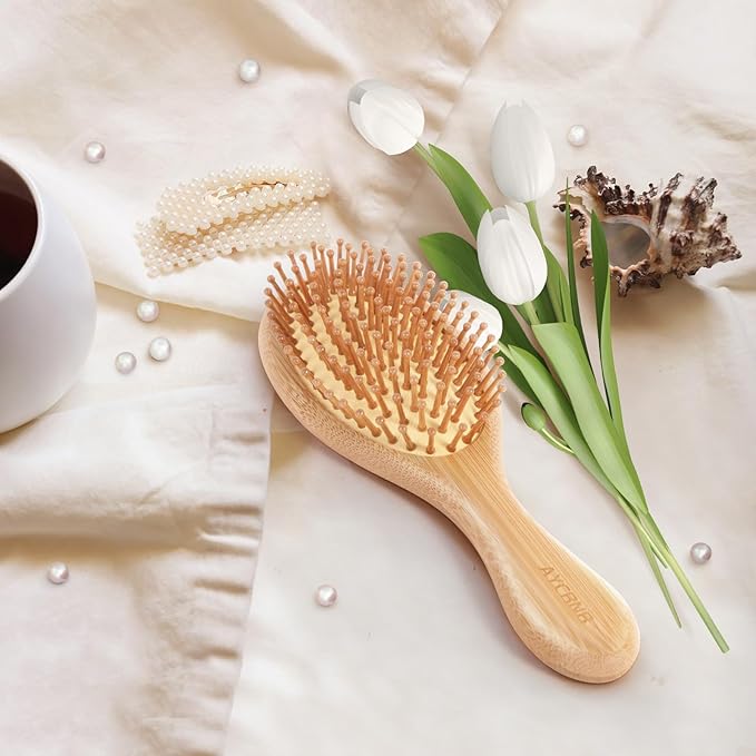 2 Piece Bamboo Hair Brush for Hair Growth, Wooden Paddle Detangler Hairbrush with Natural Bamboo Bristles, For All Hair Types - Women & Men, Scalp Massage, Smooths Tangles & Knots