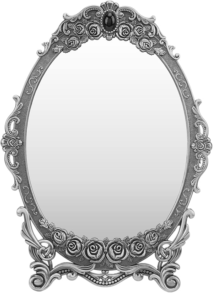 Cyrank Vintage Makeup Mirror, Oval Floral Mirror Decorative Tabletop Makeup Metal Vintage Cosmetic for Home Decorative(Antique Pewter)