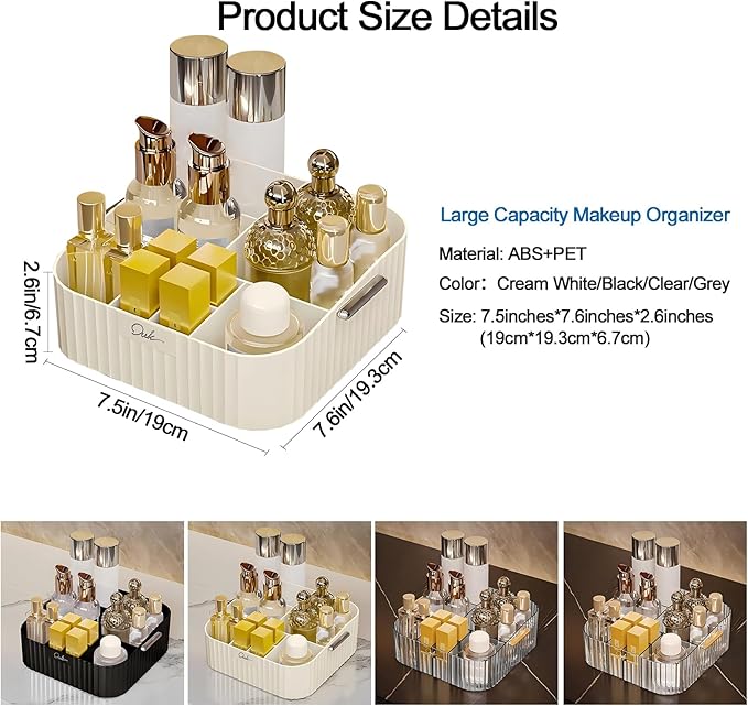 DASITON Acrylic Makeup Organizer,9 Slots Makeup Brush Holder,Makeup Storage with Handle,Vintage Striped Cosmetic Organizer for Desk Storage Container,Vanity,Bathroom(Cream)