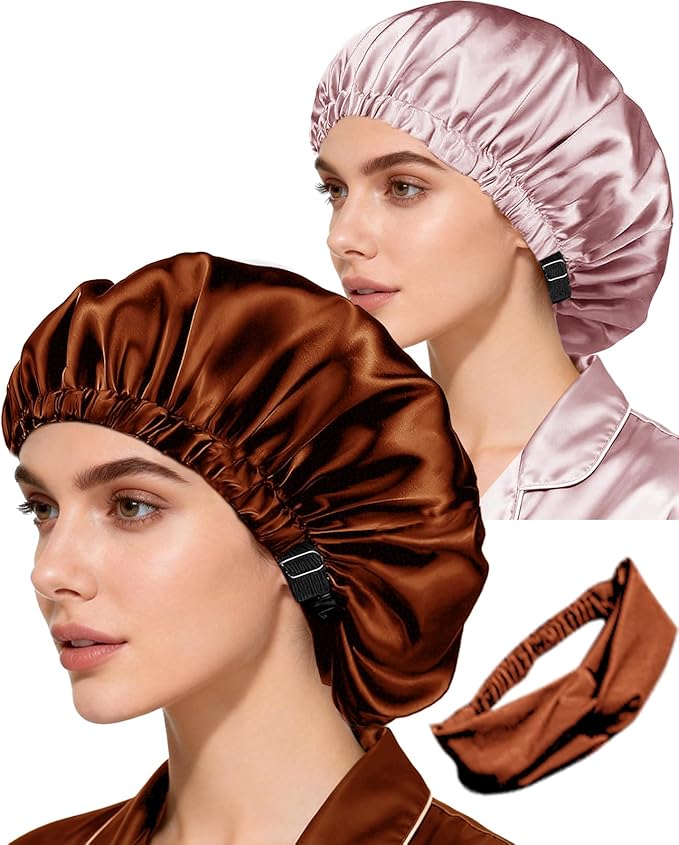 Hair Bonnets 3Pcs Satin Bonnet For Sleeping Silky Bonnets Womens Silk Bonnet Night Caps Curly Hair Sleep Cap For Women