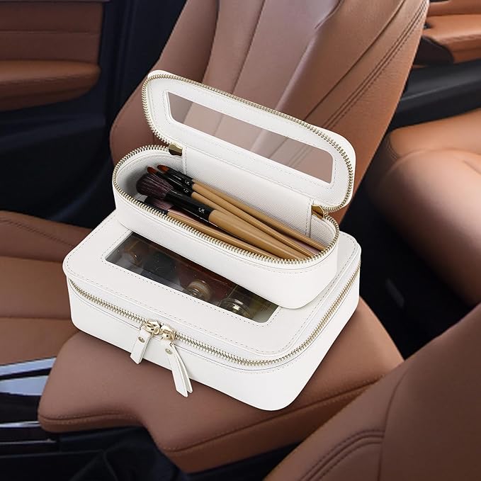 Travel Makeup Bag with Brush Case Portable Transparent Cosmetic Bag and Toiletry Bag Waterproof Makeup Organizer with Zipper Car Essential for Women (White, L+Slim)