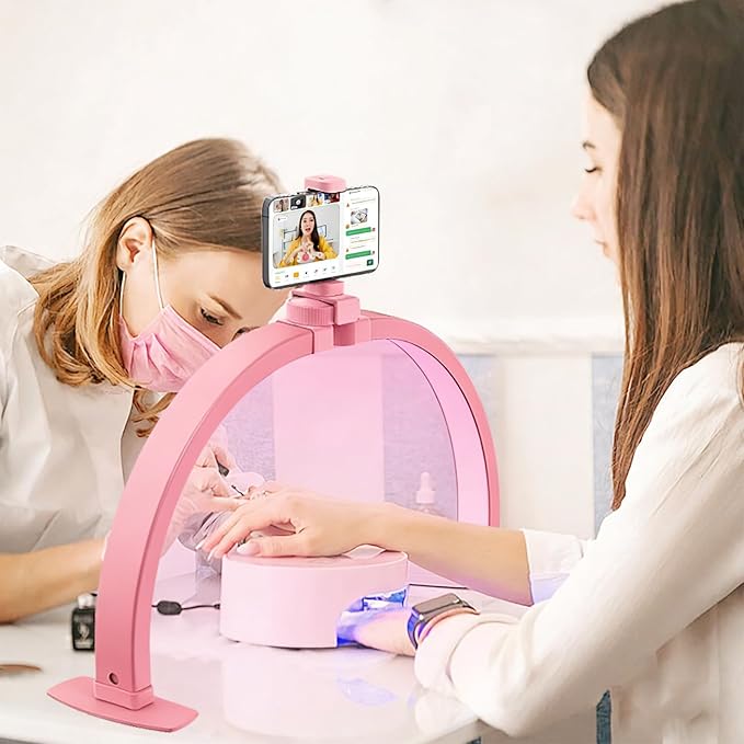 Foldable Large Half Moon LED Light for Table Nail Desk with Phone Stand, Upgrade Arch Light for Nail Techs with Wire Controller for Manicure Tattoo Beauty (Pink,Large)