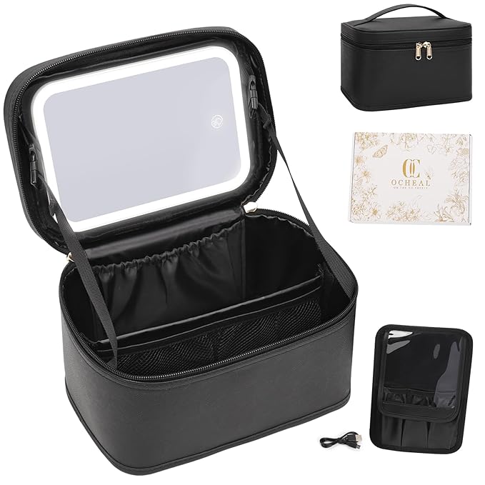 OCHEAL Makeup Bag With LED Mirror, Travel Makeup Bag With 3 Color Setting Light Up Mirror Cosmetic Organizer Vanity Case for Women Beauty Tools Accessories Rechargeable Makeup Travel Bag-Black