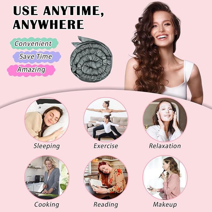 Gwabee Satin Heatless Curls Overnight Hair Curlers to Sleep In Hair Curler Rollers No Heat Hair Wrap for Curls Headband, 70" Satin Heatless Curling Rod Set for Women Long Waves Hair Volume -Grey 9 PCS