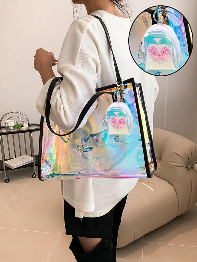 4Pcs Mini Backpack Keychain,Cute Cosmetic Bag for Women,TPU Clear Makeup Bag Key Pocket Lipstick Bag Card Holder Data Cable Organizer Zipper Pouch (Heart Shape)