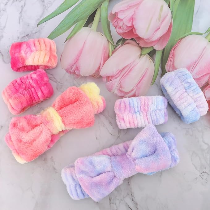 WHAVEL 8PCS Spa Headband and Wristbands Set, Face Wash Headband Wrist Bands for Washing Face Skincare Makeup Hair Band Skin Care Accessories Tools,Tie-dye 2