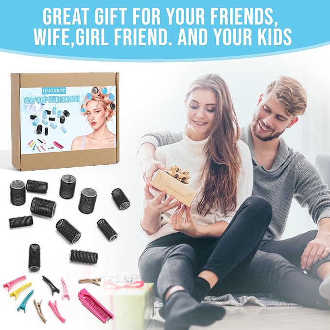 Heatless SelfGrip Hair Rollers Kit, 3 Sizes (0.79",1.18",1.57") for Short/Medium Hair | 36 Rollers +12 Clips +1 Comb | No Heat Curlers for Overnight Waves,Travel & Damage-Free Styling. (Black, Medium)