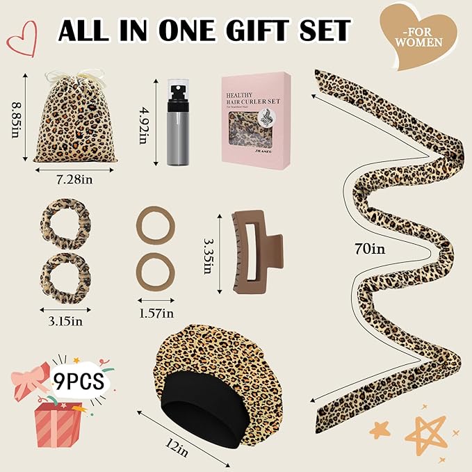 ZILAMPU No Heat Hair Curlers to Sleep In - 70" Soft Overnight Headband Wrap for Women Long Wave Curls, 9 PCS Rollers Gifts Set - Leopard Print