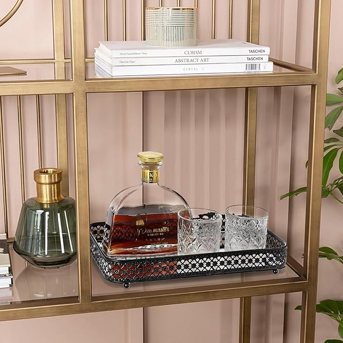 ELLDOO Black Perfume & Makeup Vanity Tray - Hollow-Carved Jewelry Storage, Glass & Metal Trinket Organizer for Dresser & Bathroom Countertop, Large Size