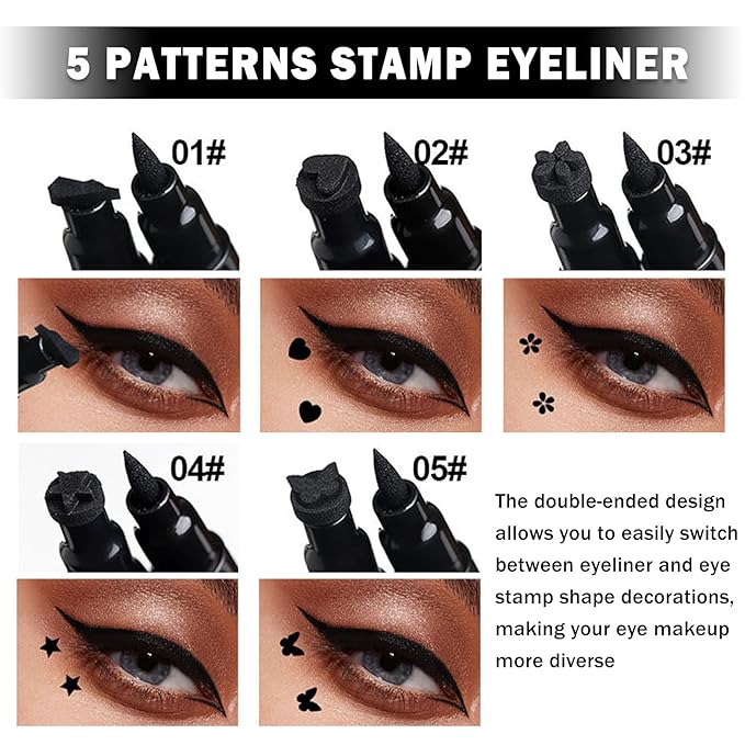 Double-headed Eyeliner Stamp Pencil Black Liquid Winged Eyeliner Stamp Pen Waterproof Smudgeproof Eye Liner Stamp for Eye Makeup(04 Star)