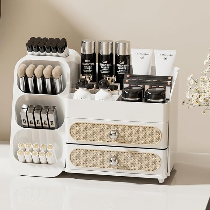 Makeup Organizer with Drawers for Vanity,Spacious Cosmetic Display Case,Perfect Storage Solution for Your Beauty Essential (All White)