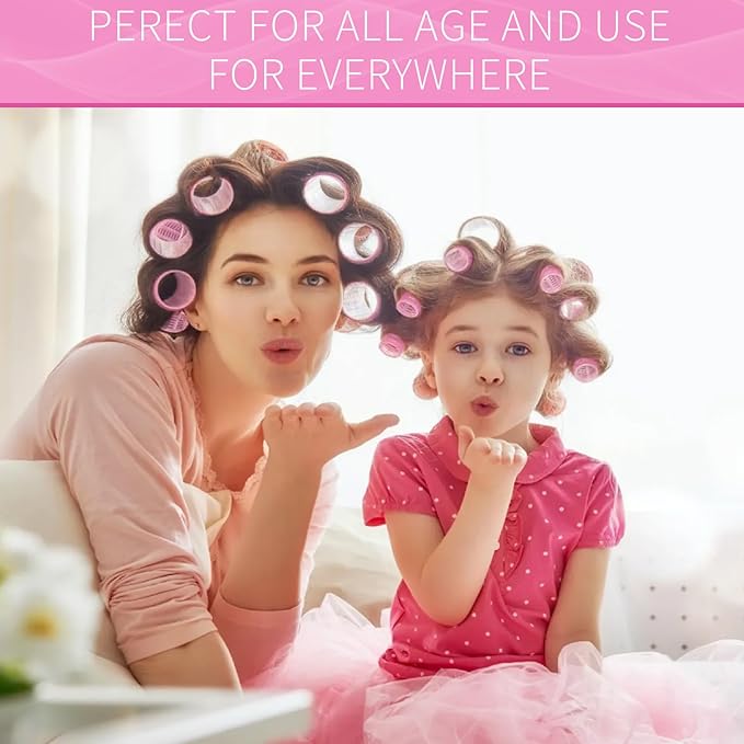 Hair Rollers, 12 Pack Self Grip Salon Hairdressing Curlers, DIY Curly Hairstyle, Large Rollers 1.57In Pink