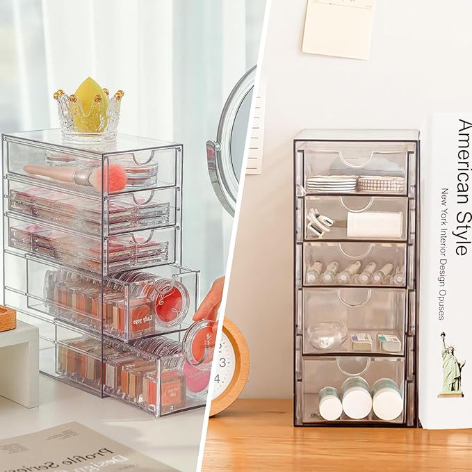 Hair Accessories Organizer, Clear Hair Ties and Pins Organizer Storage Box, Plastic Drawer Storage with 5 Different Sizes Drawers, Hair Accessory Container for Bathroom Closet Desk Office
