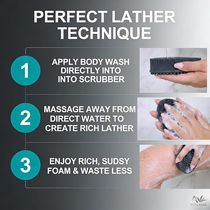 Avilana Silver Edition Back Scrubber Long Handle 19 Inch - Trusted Since 2017 - SGS Certified Silicone Bath Brush, Dual Sided Exfoliating Body Brush Extended Reach Back Washer Women Men Seniors Gift