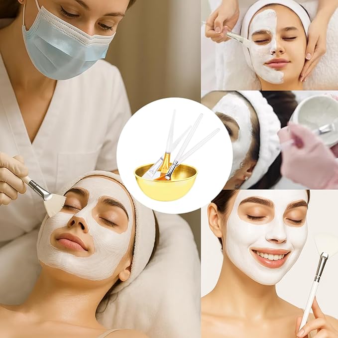 15 Pcs Esthetician Facial Supplies Set Stainless Steel Mixing Bowls Facial Headbands Cosmetic Fan Brushes Gold Small Serving Tray 3 Compartment Serving Tray for Mud Cream Makeup Peel Face Cleansing