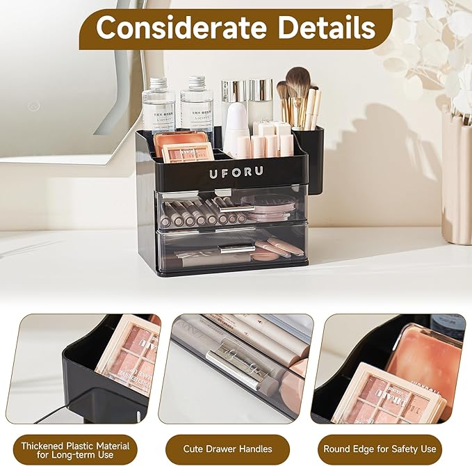 Makeup Organizer for Vanity with Brush Holder, Countertop Skincare Organizer with 2 Drawers, Spacious Cosmetic Display Case for Perfumes, Cologne, Shaving Lotion