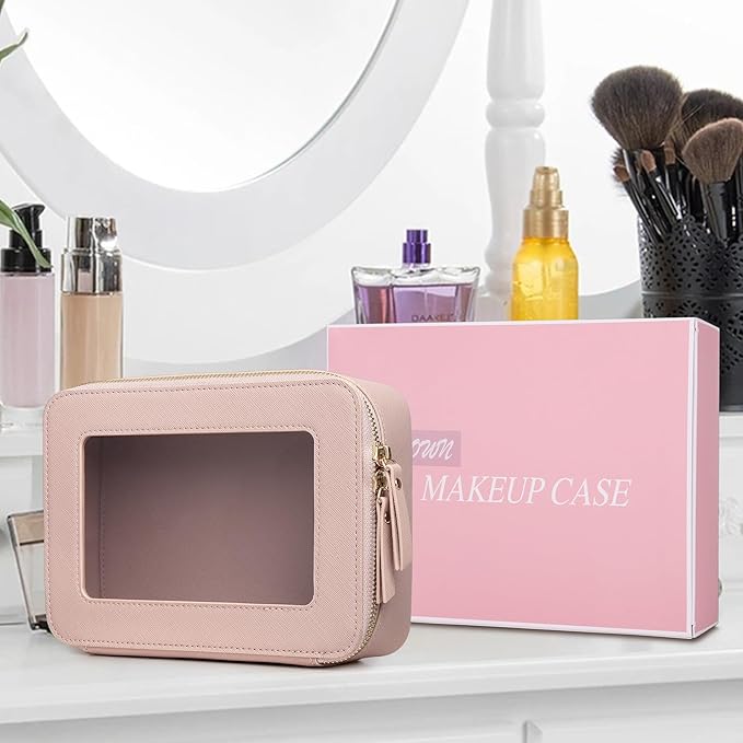 Clear Makeup Bag Women's Waterproof Travel Cosmetic Case and Toiletry Bag Portable Makeup Organizer Bag Car Essential with Zipper (Pink, M-1)