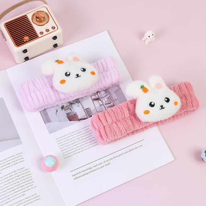 Kawaii Spa Headbands for Women Girls - 2 Pack Cute Bunny Soft Fleece Facial Headbands for Makeup, Skincare and Face Washing, Dark Pink+Purple Rabbit