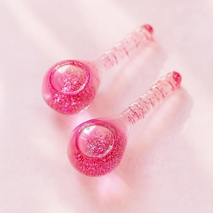 Ice Globes Facial Cooling Tools, Cryo Beauty Balls with Anti-Slip Handle for Face, Eyes & Neck, Soothing Cold Massage Tool for Relaxing & Refreshing Skincare Routine, Glitter Pink