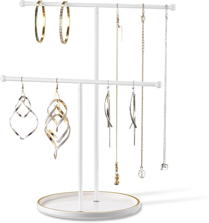 White Jewelry Holder Stand with Ceramic Tray: Small Hanging Necklace Organizer Tree for Earrings, Bracelets, Rings – Jewelry Display Hanger for Women & Girls, White
