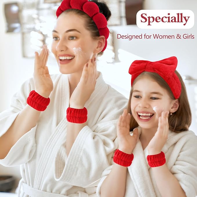 Canitor Spa Headband Wrist Bands Set with Hair Clips Skincare Skin Care Makeup for Washing Face Red Gifts for Women Preppy Tween Teen Girl Cute Trendy Stuff