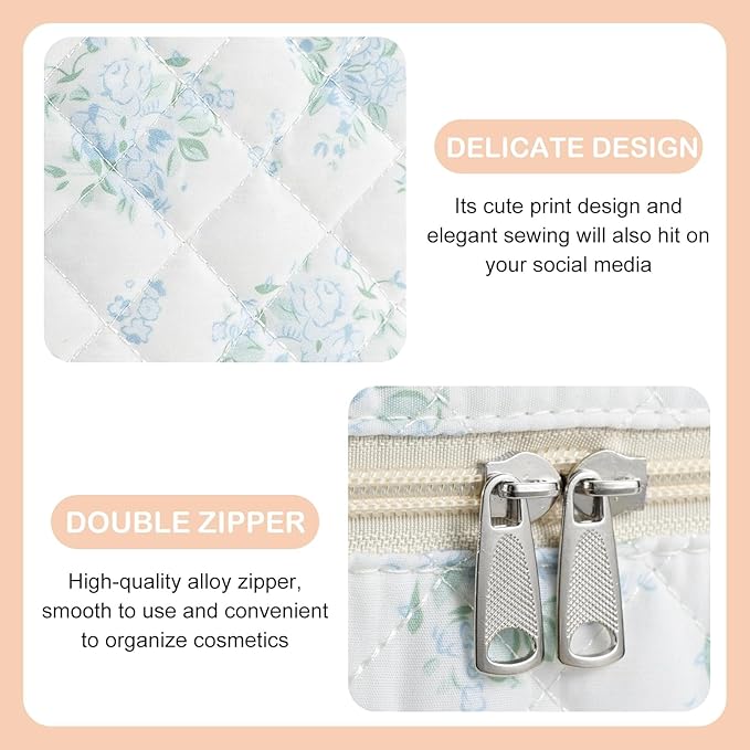 Makeup Bag for Women 3PCS Quilted Cotton Make Up Bag Travel Cosmetic Bag Large Makeup Bag Set Cute Makeup Bags Organizer Floral Toiletry Bag Makeup Pouch, Blue