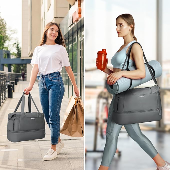 ETRONIK Gym Bag for Women, Personal Item Travel Bag with Shoes Compartment, Weekender Overnight Duffel Bag with Wet Pocket & USB Charging Port, Carry On Bag for Women, Travel, Gym, Weekend