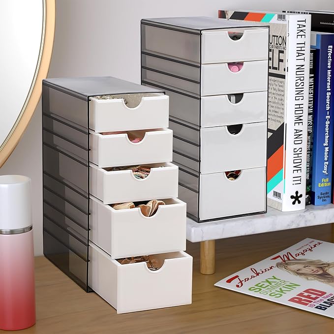 Hair Accessories Organizer with Removable Drawer, Large Capacity Desk Organizer Box with Stackable Cases, Hair Styling Storage Box for Hair Ties, Clips&Pins, 5-Tier Plastic Containers, Clear Black