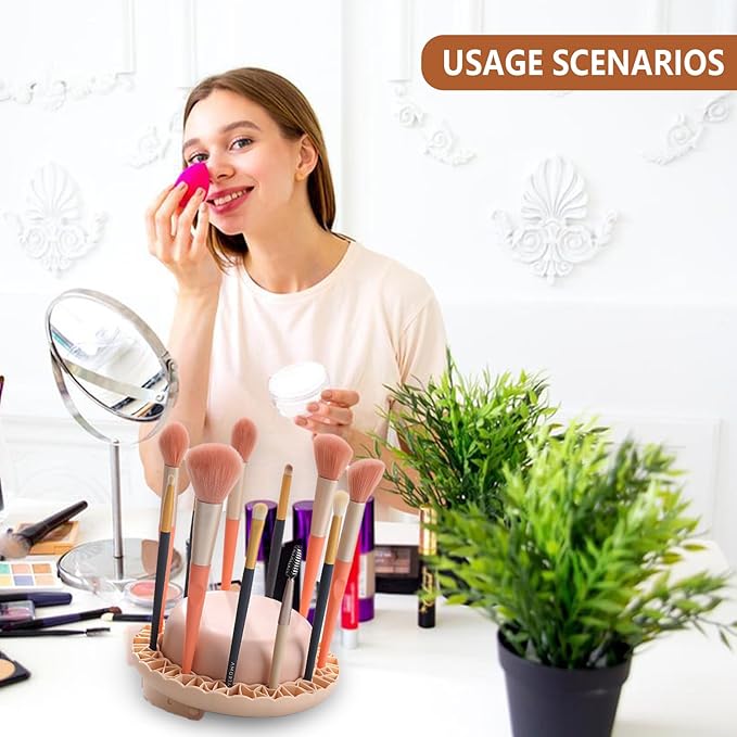 3-in-1 Makeup Brush Cleaner Mat, Silicone Brush Cleaning Bowl, Cleaning Tool & Storage Organizer for Brushes and Air Drying (Beige)