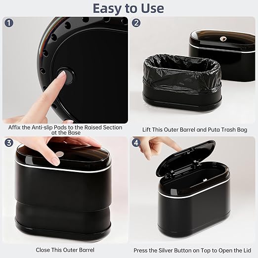 Mini Trash Can for Desk with 5 Rolls of Trash Bags, Small Press-Top Countertop Garbage Bin, Removable Waste Basket for Bedroom, Vanity, Coffee Table, Kitchen (Black Full-Lid)