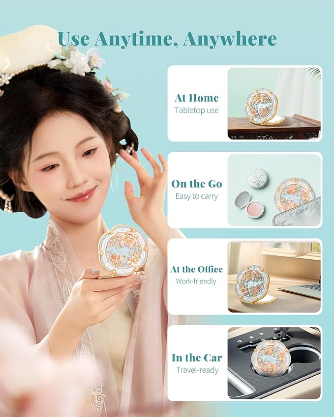 Lotus Bloom Compact Mirror, Small 2X Magnifying Makeup Mirror for Purse Pocket, Mini Portable Folding Blue Mirror, Chinese Style Gift for Women Girls