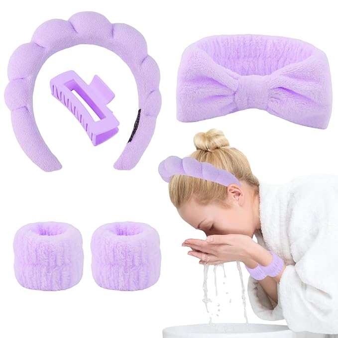 Canitor Spa Headband Wrist Bands Set with Hair Clips Skincare Washing Face Skin Care Puffy Makeup Preppy Teen Girl Gifts Cute Trendy Stuff Fashion Hair Accessories for Women (purple)