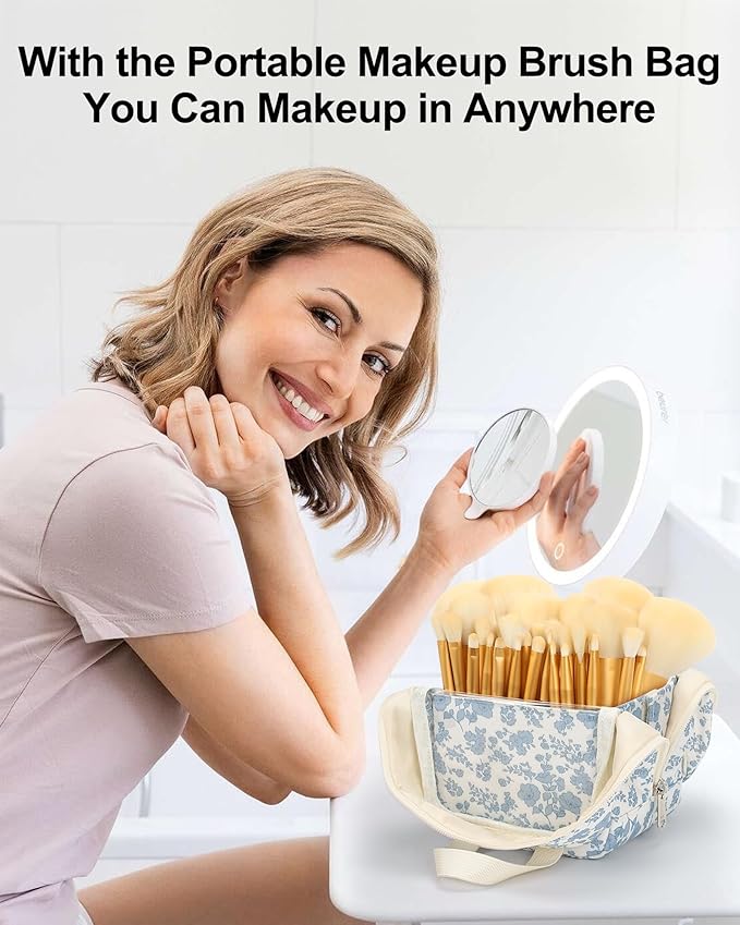 MONSTINA Makeup Brush Bag, Travel Makeup Brush Case Portable Large Makeup Brush Holder Marker Organizer Pro Makeup Artist Bags Sets Clear Cosmetic Bags Blue flowers