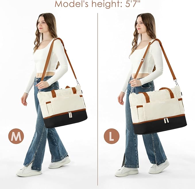ETRONIK Gym Bag for Women, 45L Carry On Travel Duffel Bag with Shoes Compartment, Weekender Overnight Bag with Wet Pocket & USB Charging Port for Women, Travel, Gym, Weekend, Large Size (Beige)