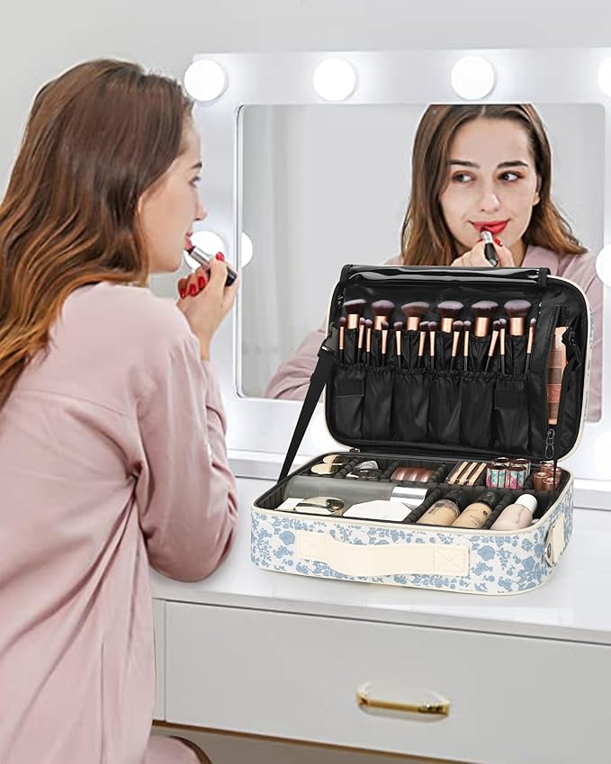 Relavel Large Makeup Bag, Cute Cosmetic Bags for Women and Girls Travel Makeup Organizer Bag Train Case 13.8 inches Makeup Brush Holder and Storage with Adjustable Dividers, Floral Print