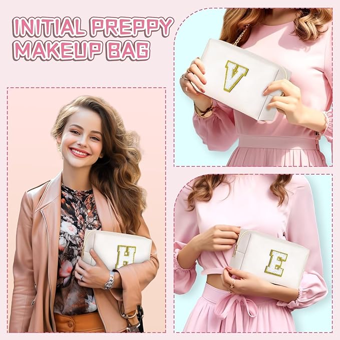 TOPEAST Preppy Makeup Bag, Small Cosmetic Travel Bags for Women, PU Leather Waterproof Toiletry Bag with Zipper, Personalized Birthday Gift for Women Girl, Preppy Gifts for Girl (White Z)
