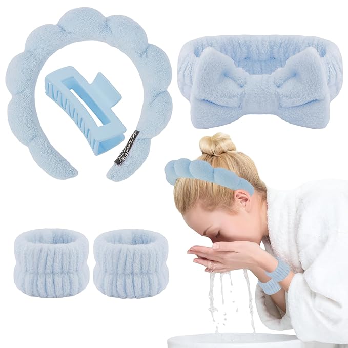 Canitor Spa Headband Wrist Bands Set with Hair Clips Skincare for Washing Face Skin Care Puffy Makeup Preppy Teen Girl Gifts Cute Trendy Stuff Hair Accessories for Women (blue)